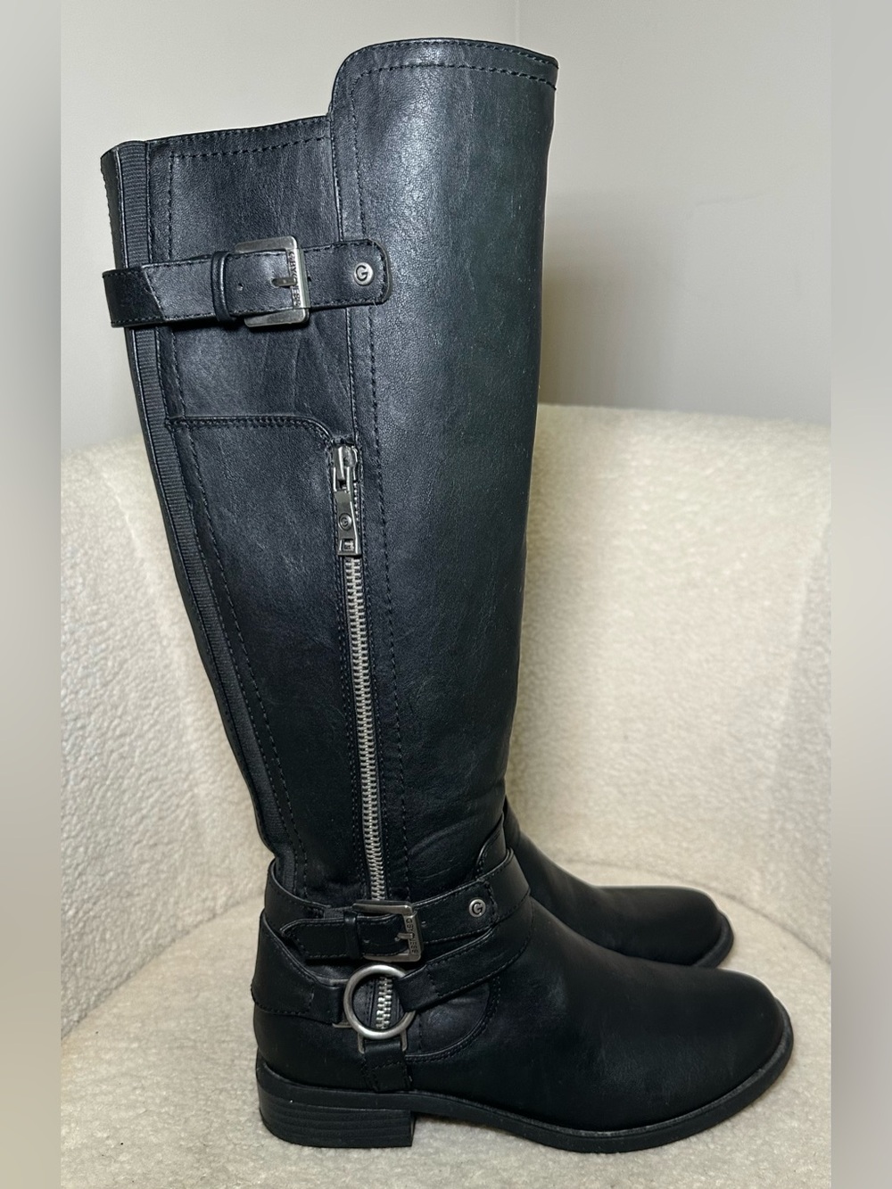 GUESS Black Leather Tall Moto Riding Equestrian Boots Buckle Harness Zips 6.5